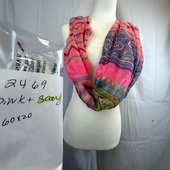 Pink multi-color Scarf women 60" x 20" thin 100% polyester infinity - Picture 6 of 6